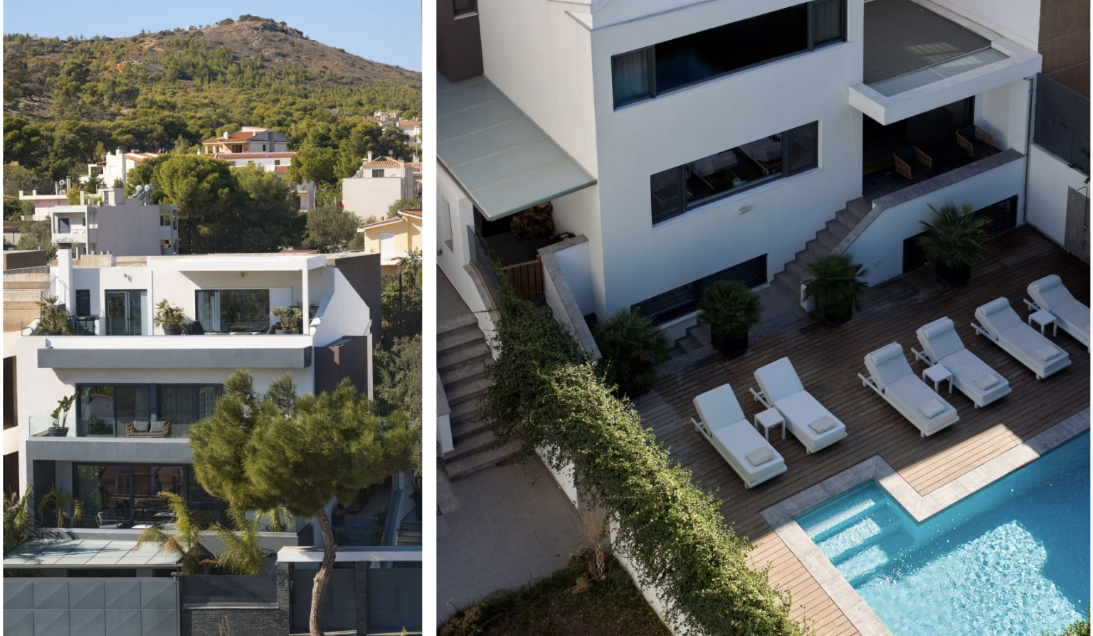 Two views of a modern white residential building with multiple balconies, terraces, and outdoor lounge areas. The right side shows a swimming pool with sun loungers on a wooden deck, palm trees, and stairs leading up to a terrace.