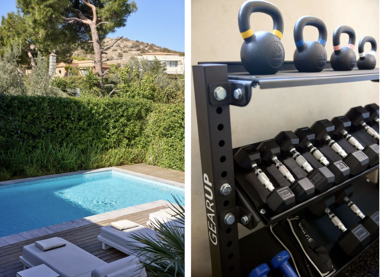 A backyard with a swimming pool surrounded by lush green bushes and trees, with lounge chairs and towels, adjacent to a wall. The right side shows a close-up of a black metal gym rack with kettlebells on top and multiple dumbbells underneath.