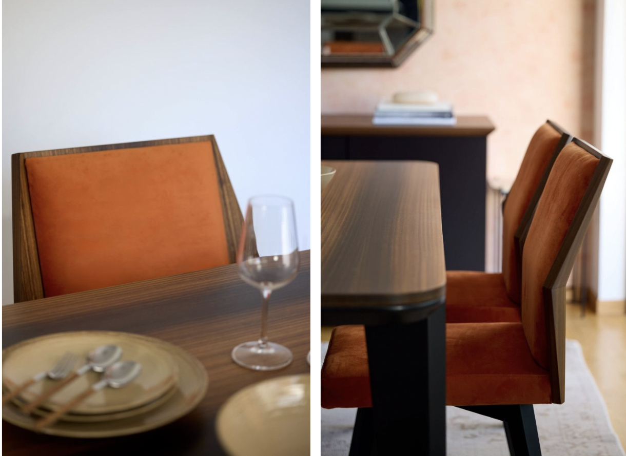 Side-by-side photos of dining rooms with wooden tables and orange upholstered chairs. The left photo shows a close-up of a table with plates, silverware, and a glass of water. The right photo shows a dining area with a wooden table, orange chairs, a black sideboard with books, and a mirror on the wall.