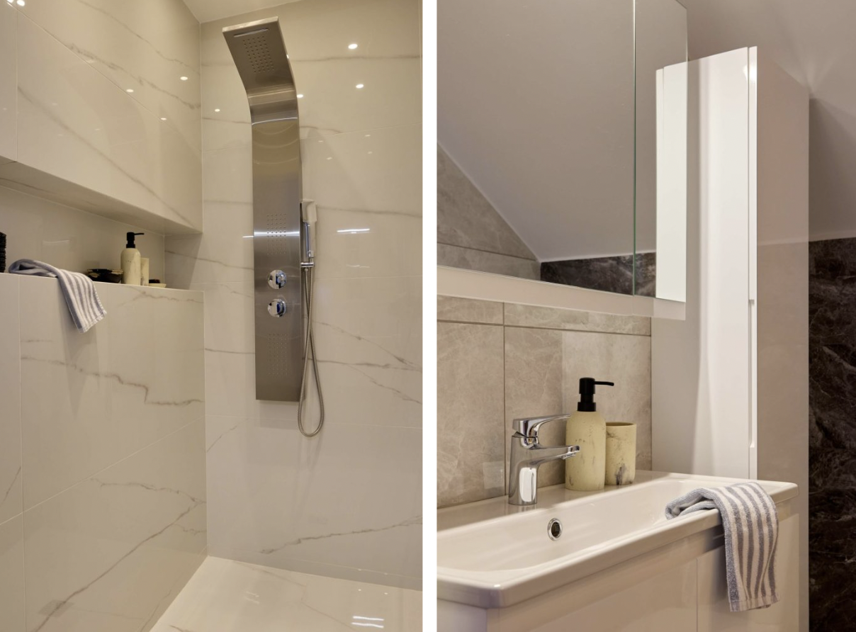 Split image of a modern bathroom. The left side shows a walk-in shower with marble tiles, a silver shower panel, and toiletries. The right side displays a white sink with a mirror, soap dispenser, toothbrush holder, and a striped towel.