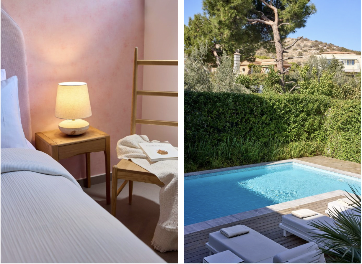 Combination of an indoor bedroom with a pink wall, bedside table, and lamp, and an outdoor scene with a swimming pool, lounge chairs, green hedges, trees, and a hillside.