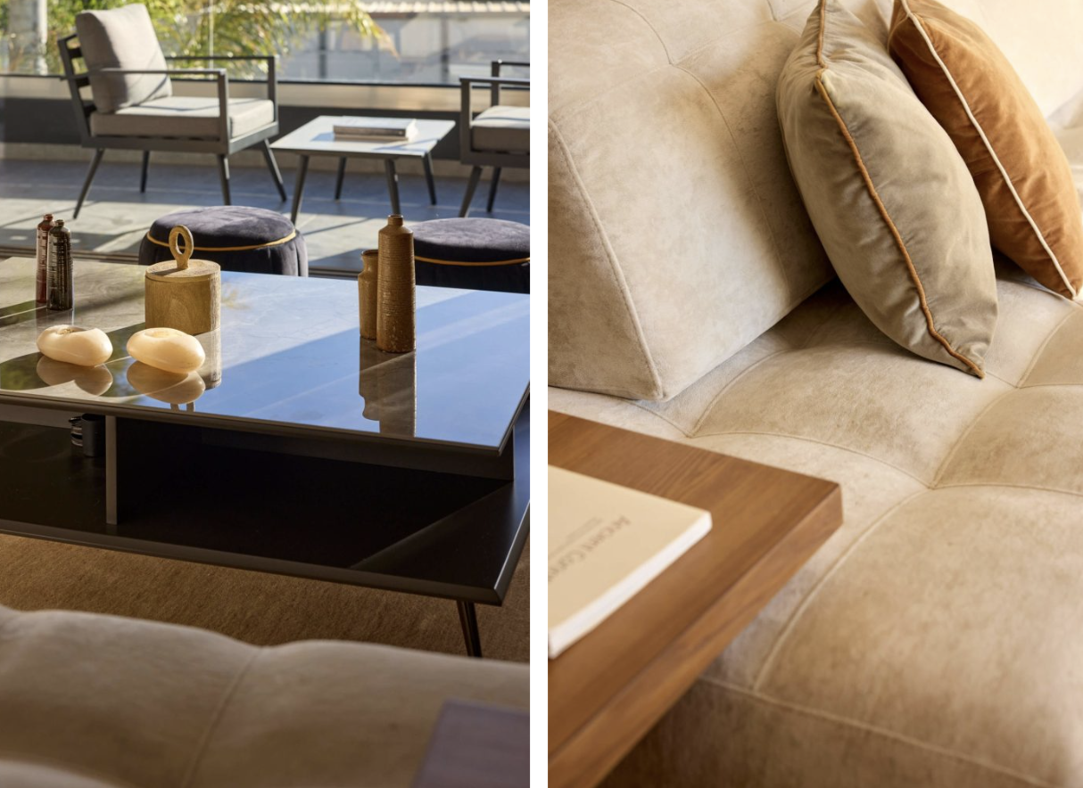 Side-by-side images of home interior: left shows a modern living room with a glass-top coffee table, decorative objects, and outdoor patio furniture in the background; right shows a close-up of a beige couch with plush pillows and a wooden side table with a book.