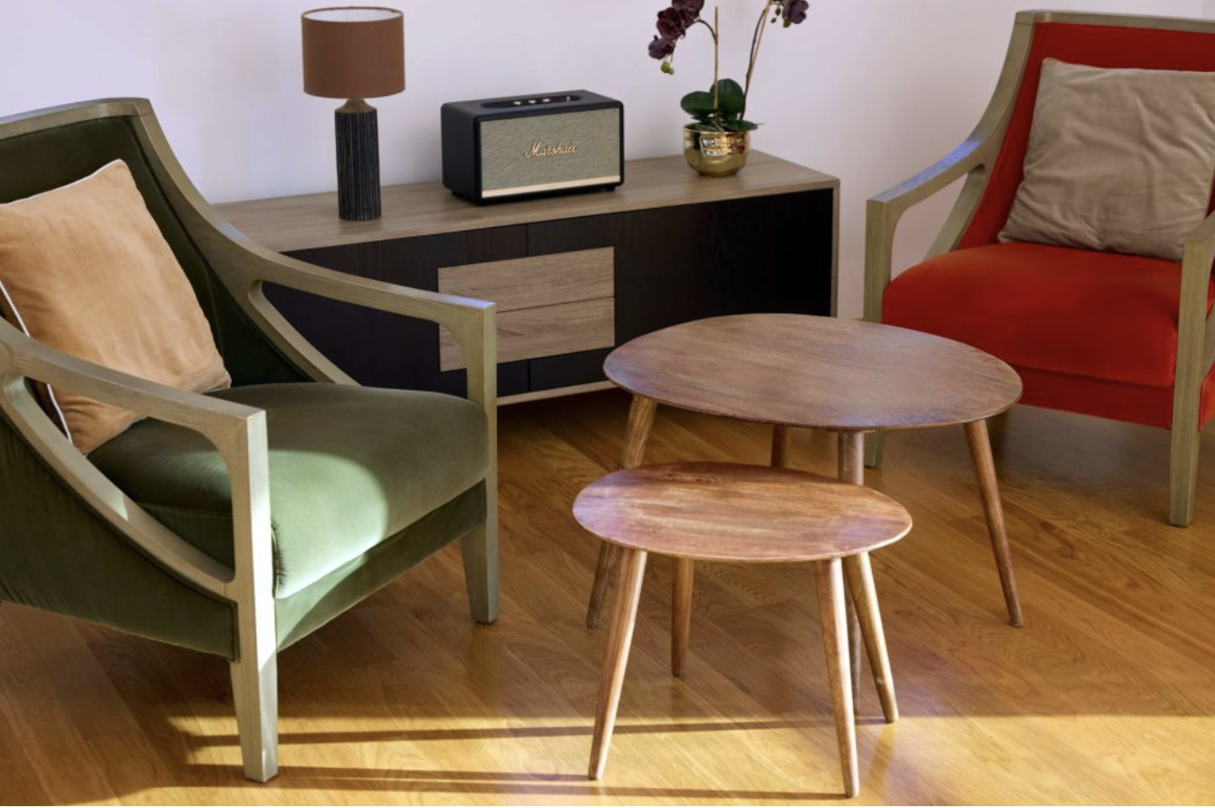 Living room with two vintage style armchairs, one green and one red, a wooden side table, a sideboard with a lamp and a speaker, and a potted orchid plant.