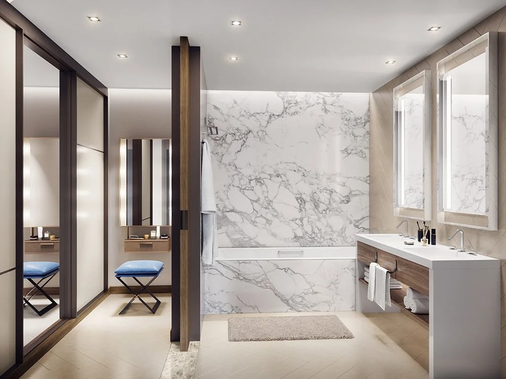 Modern bathroom with marble wall and flooring, large mirror, double sink vanity, and neutral color scheme.
