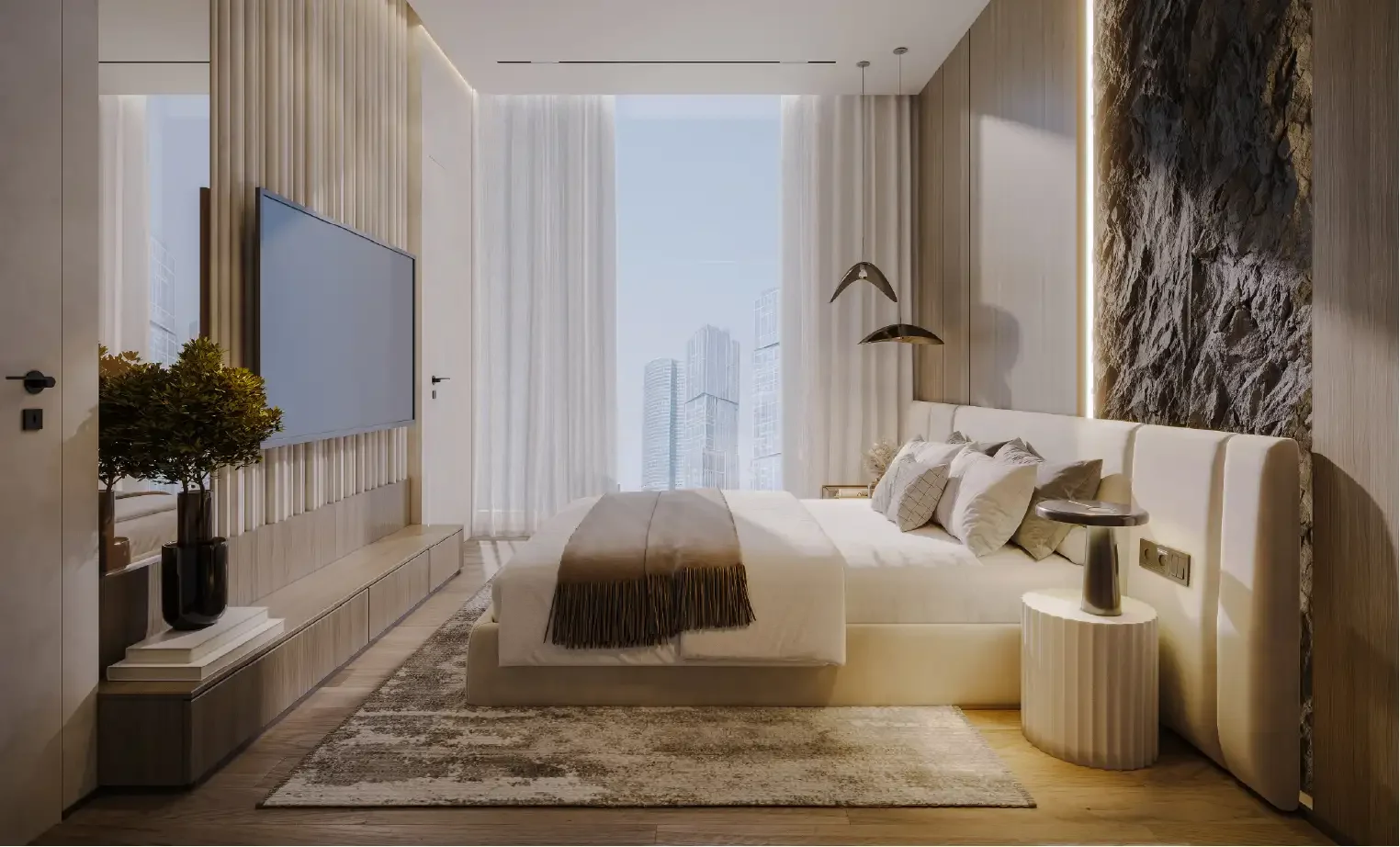 Modern bedroom with a large bed, decorative pillows, nightstand, pendant lights, flat-screen TV, and a city view through large windows with sheer curtains.