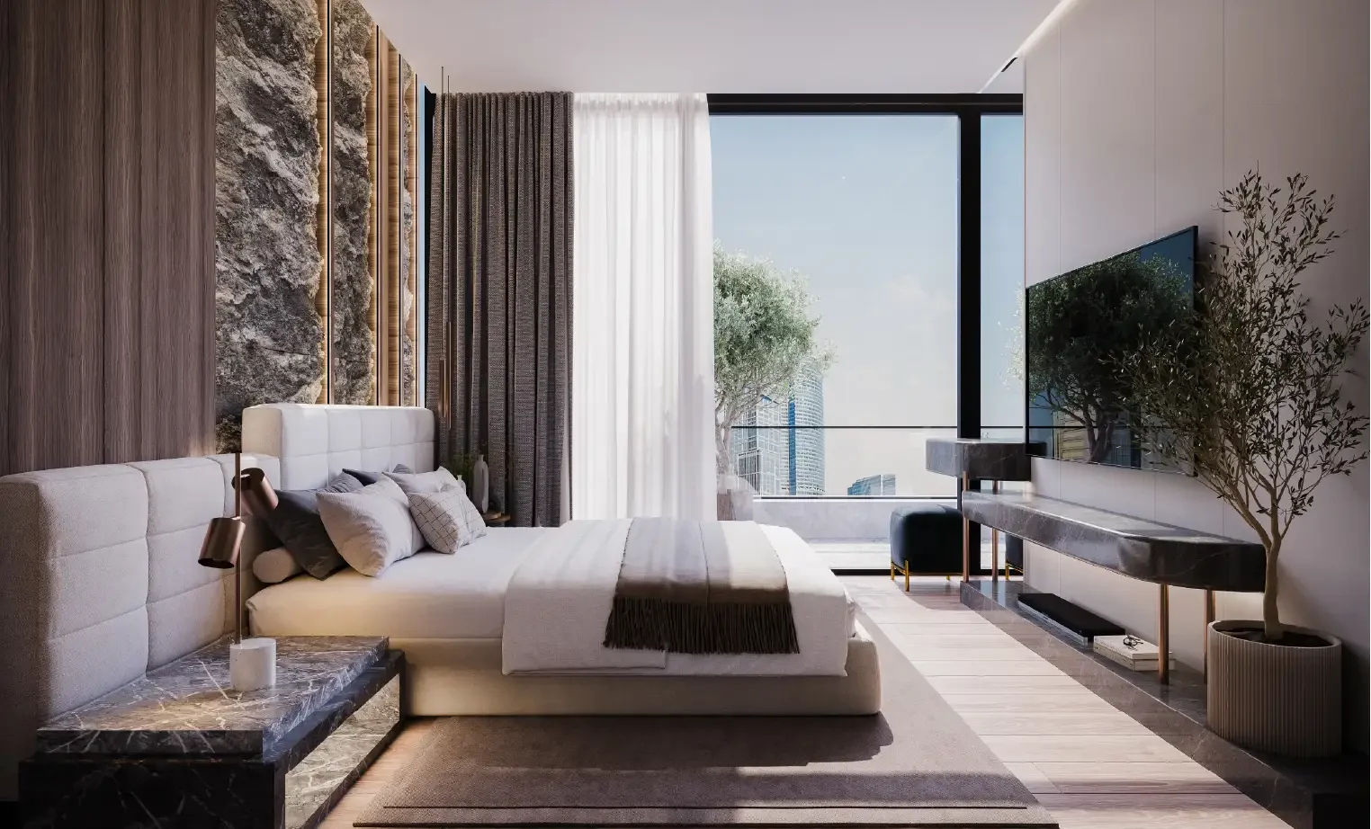 Modern bedroom with a white upholstered bed, marble side table, large window with city view, TV mounted on the wall, and a potted plant.