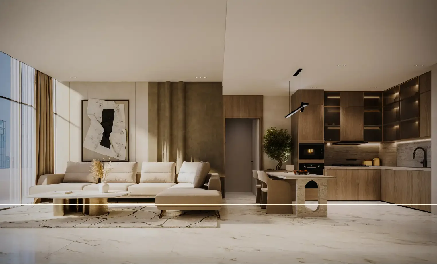 Modern open-concept living room and kitchen with beige and wooden accents, large curtains, abstract art, and minimalist furniture.