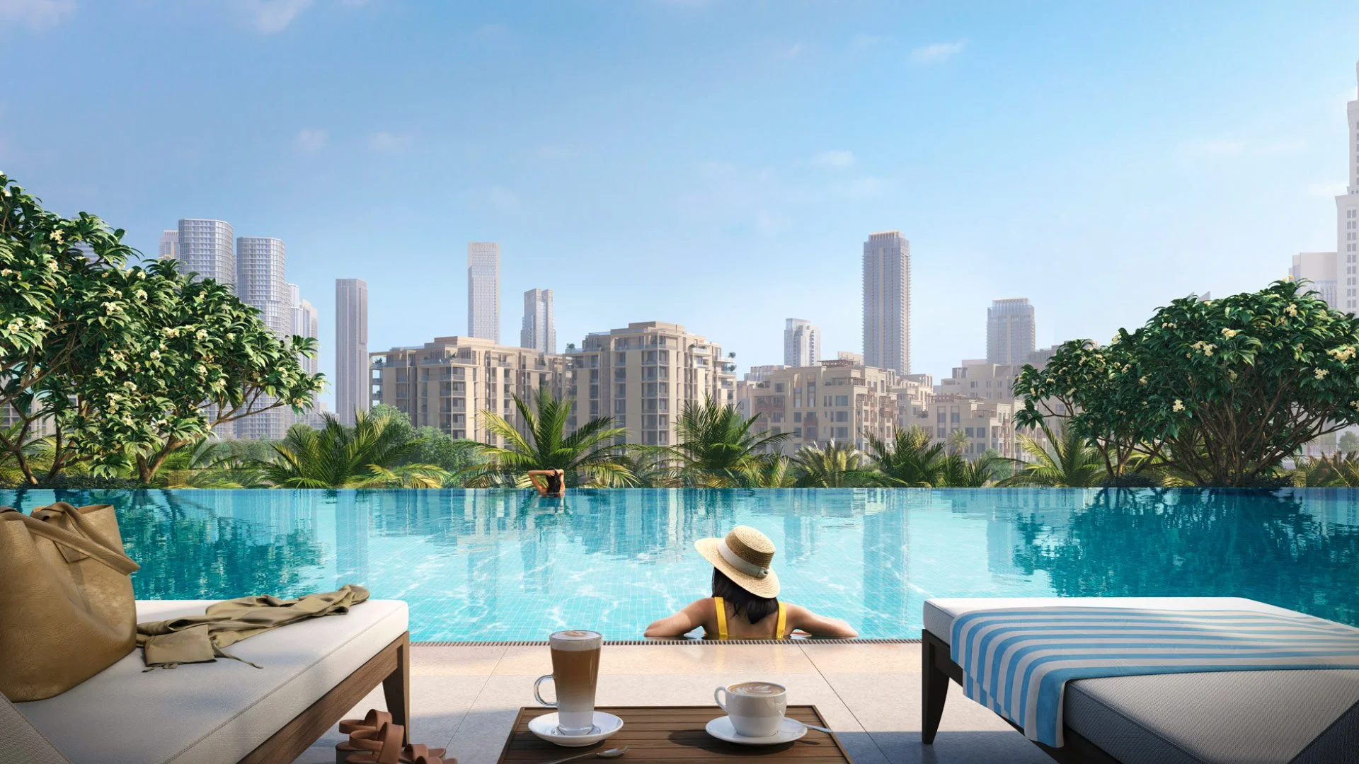 A woman relaxing in an infinity pool overlooking a cityscape with tall buildings and lush greenery, with a tray of coffee and tea on a table nearby.