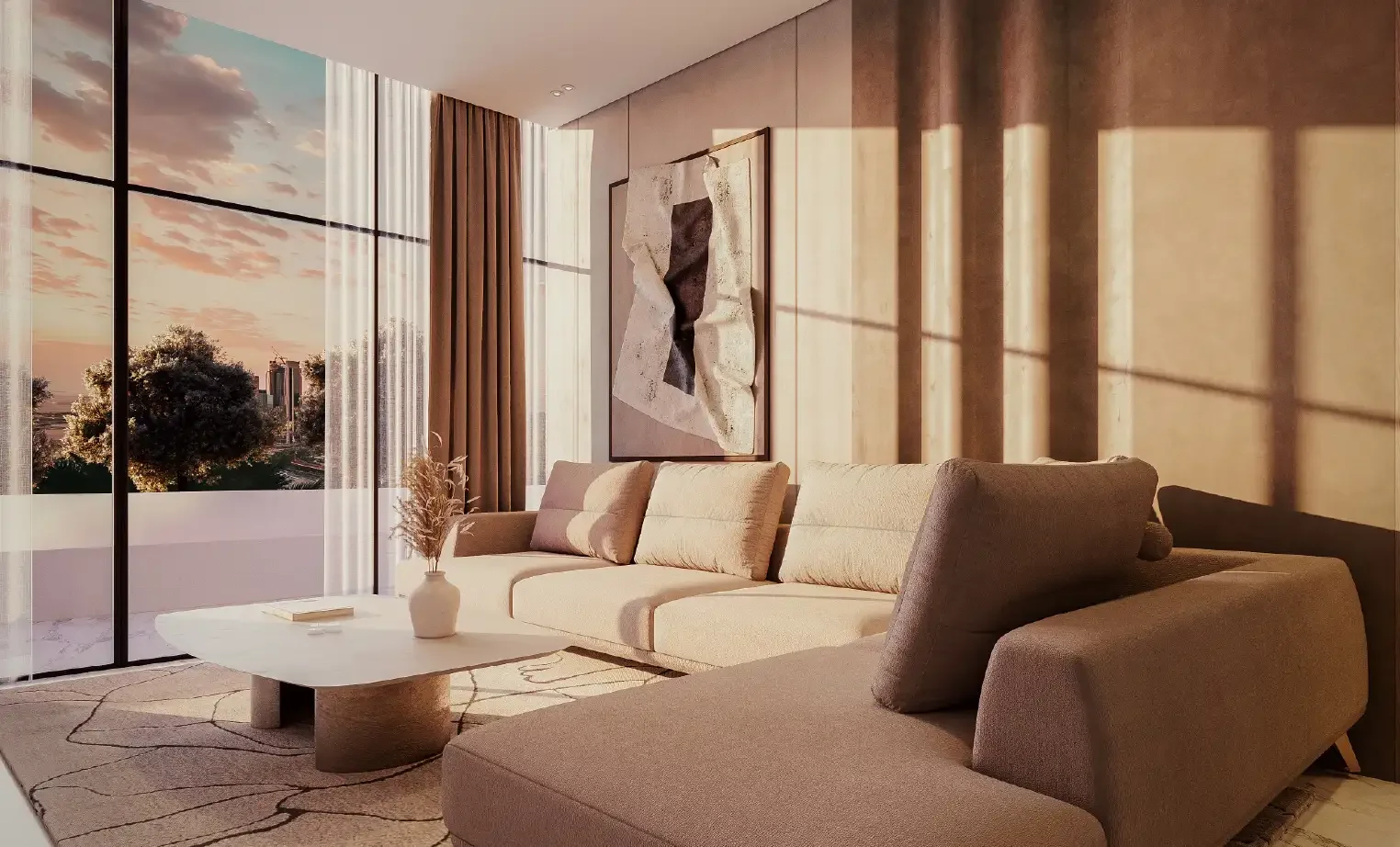 Modern living room with beige sofas, a white coffee table, and a large abstract artwork on the wall. Floor-to-ceiling windows with sheer and brown curtains let in natural sunlight, casting shadows on the wall. A small potted plant sits on the coffee