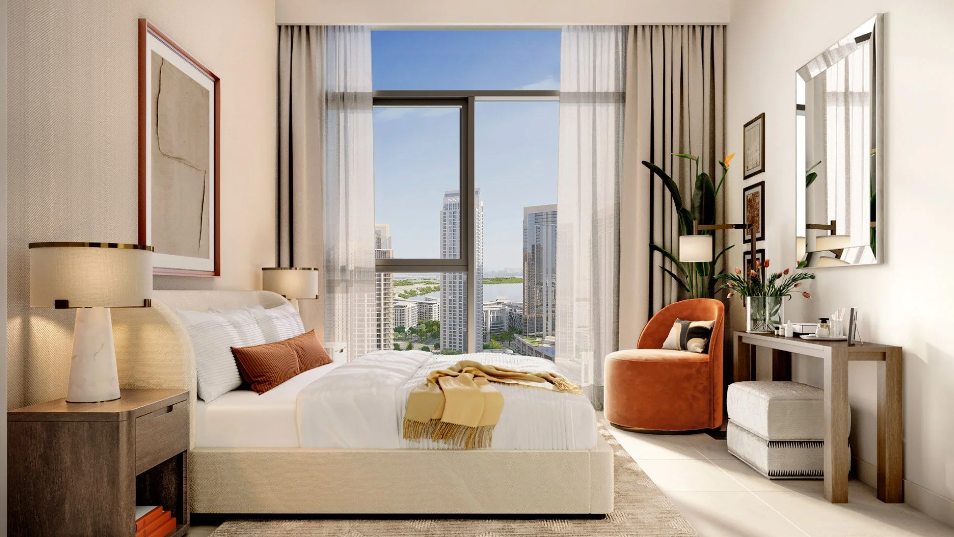 Modern bedroom with large window showing cityscape, beige bed with white linens, orange pillows, wooden nightstand with lamps, orange armchair, mirror, and decorative plants