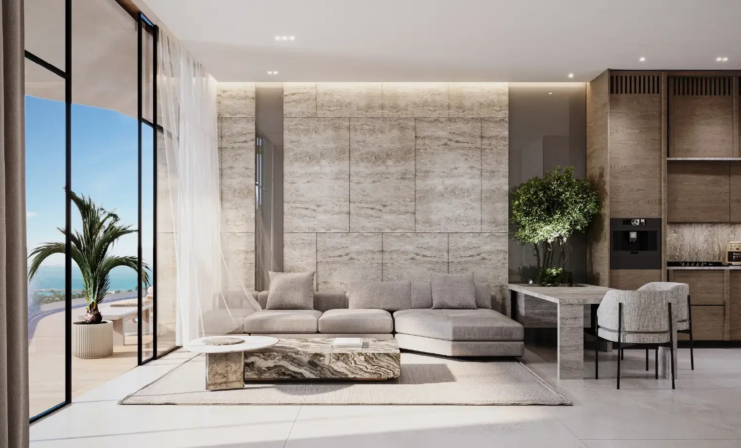 Modern living room with a large beige sectional sofa, marble coffee table, and a dining area with gray upholstered chairs, featuring a textured stone accent wall, hardwood cabinetry, and a balcony with a potted plant and ocean view.