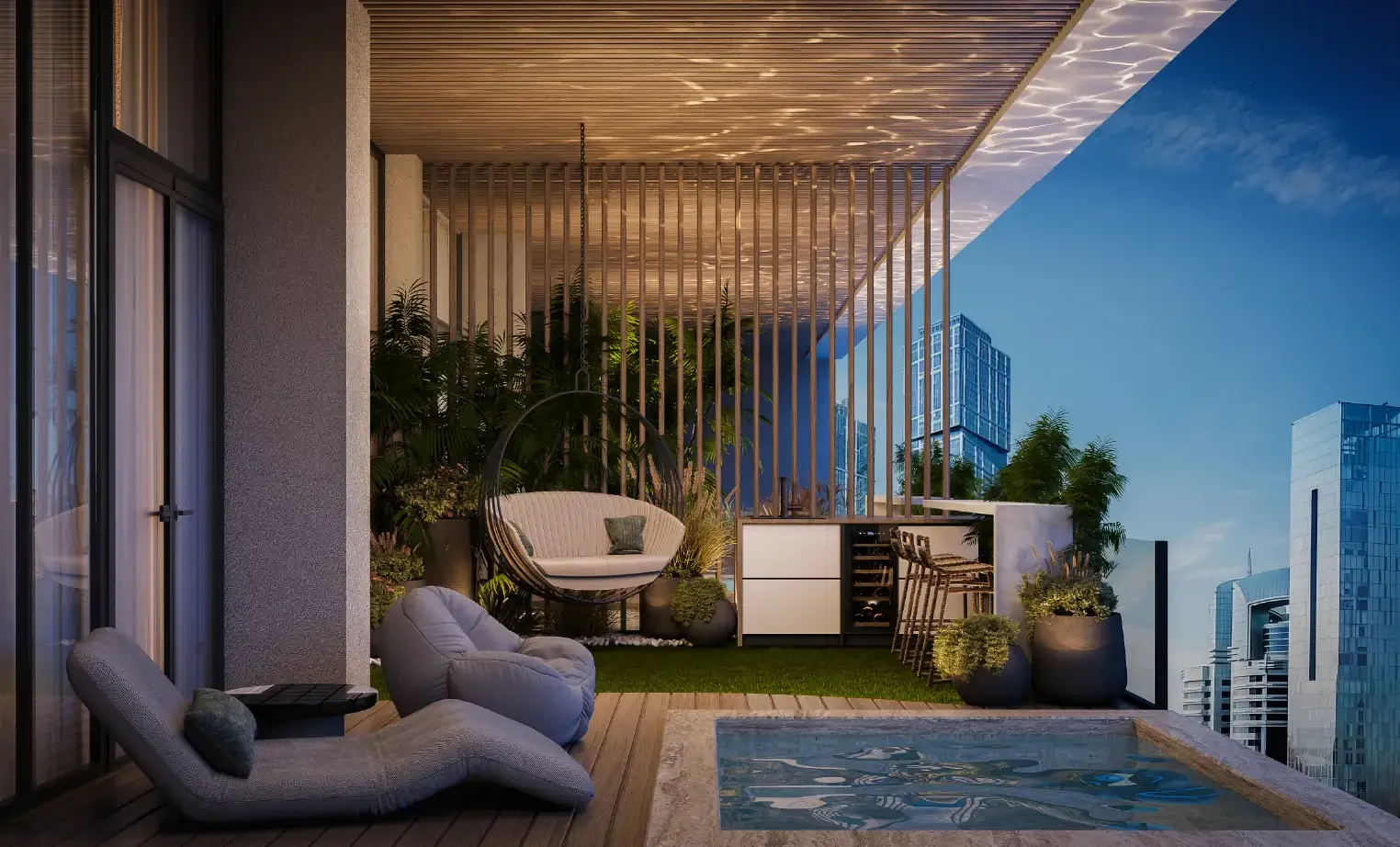 Modern rooftop balcony with outdoor seating, a small pool, potted plants, and city skyline at dusk.