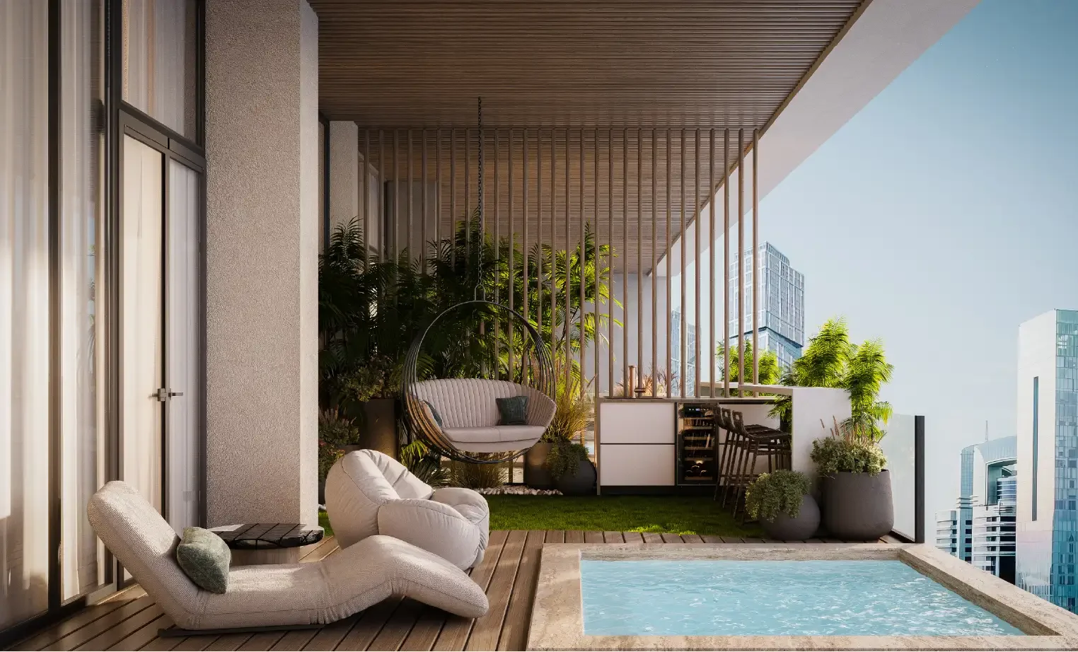 Balcony with outdoor seating, lush plants, small pool, and city skyline view.