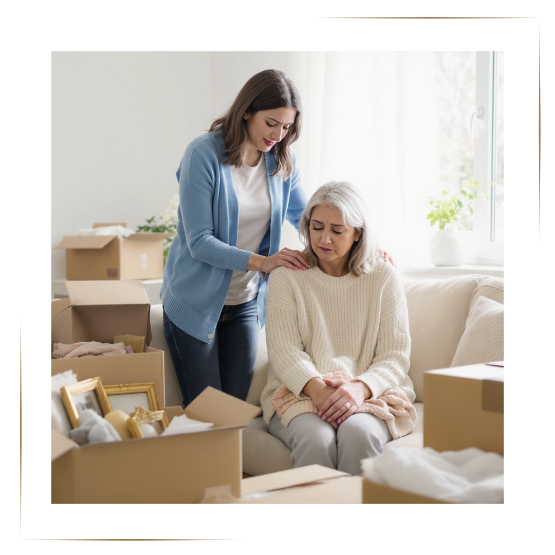 Home Organization after a Loss by Harmony Homes by Amanda. A woman comforting another woman who appears upset while surrounded by moving boxes and packed belongings in a bright living room.