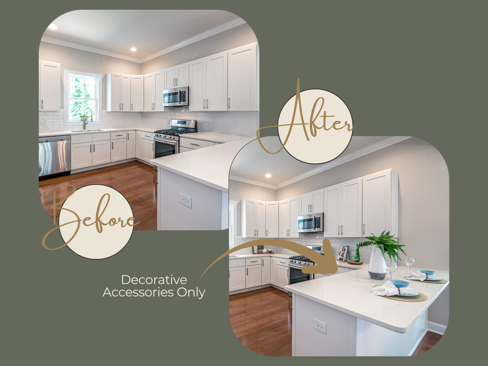 Comparison of a kitchen before and after decoration, showing white cabinetry and countertops, with the 'after' image decorated with a vase of green plants, plates, glasses, and napkins on the island. Virtual Home Staging by Harmony Homes by Amanda