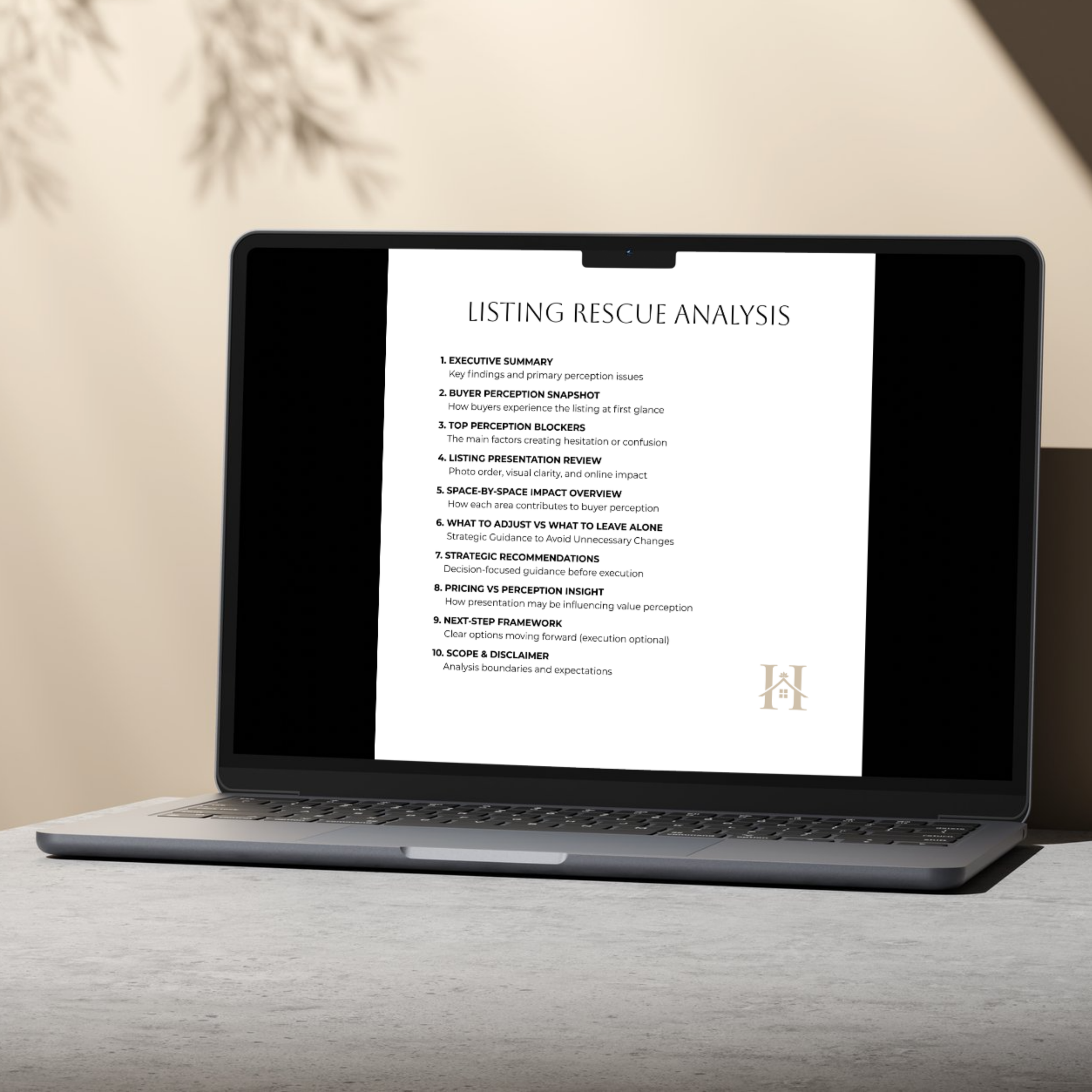Laptop on a desk displaying a document titled 'Listing Rescue Analysis' with numbered sections related to real estate listing evaluation and strategy.
