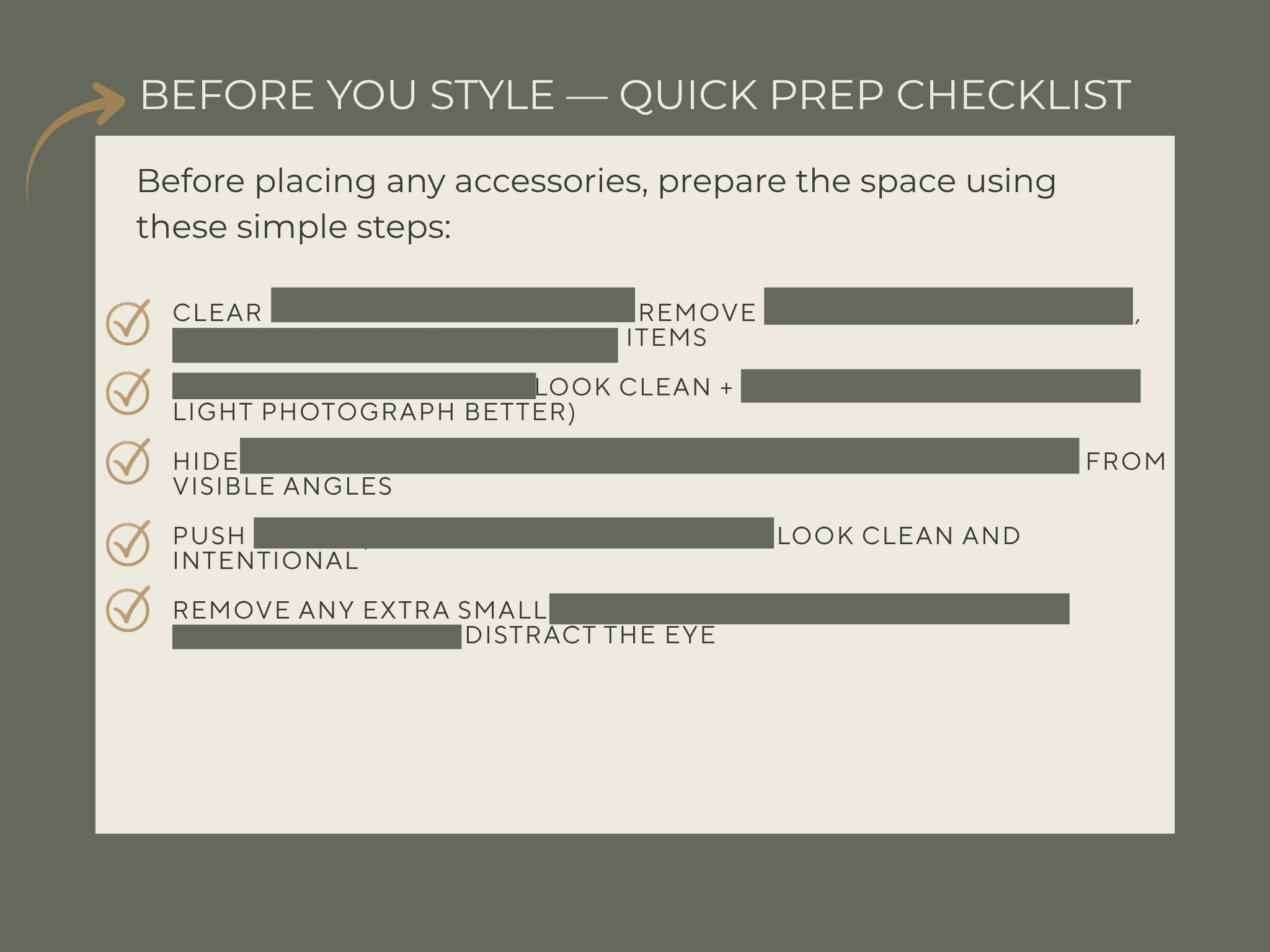 A digital checklist titled 'Before You Style - Quick Prep Checklist' Virtual home staging by Harmony Homes by Amanda