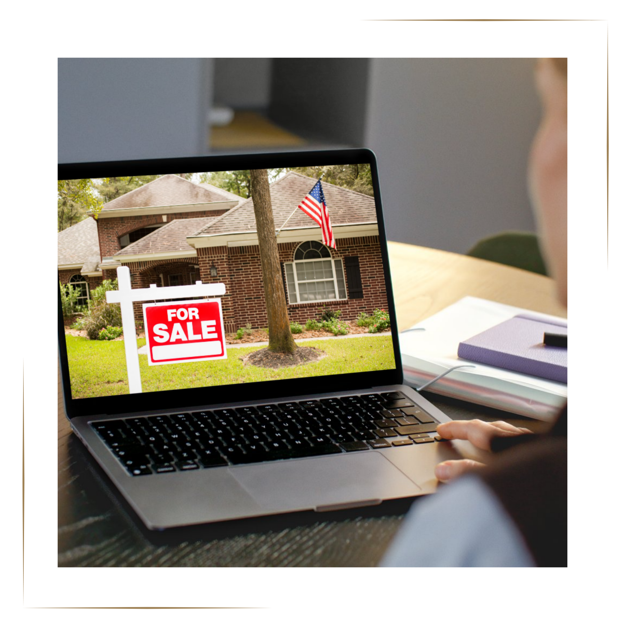 Listing Rescue service cover image showing a person viewing a home for sale on a laptop, with a brick house, a “For Sale” sign, and an American flag in the background, representing online listing analysis and buyer perception.