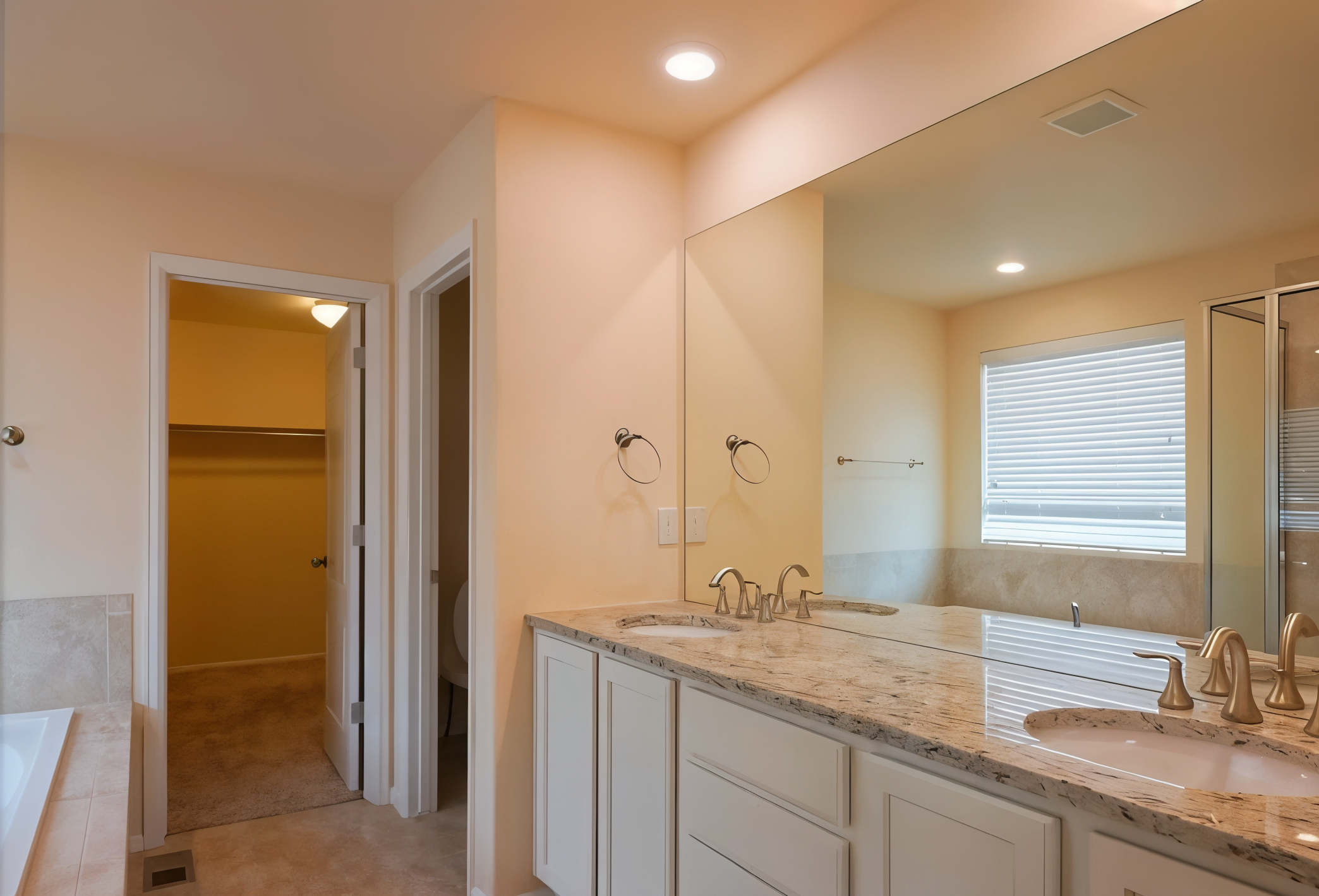 Original bathroom layout before Flip Design, featuring dual vanity sinks, a granite countertop, an oversized mirror, a window with blinds, and a walk-in shower, with visible access to a walk-in closet and toilet area.