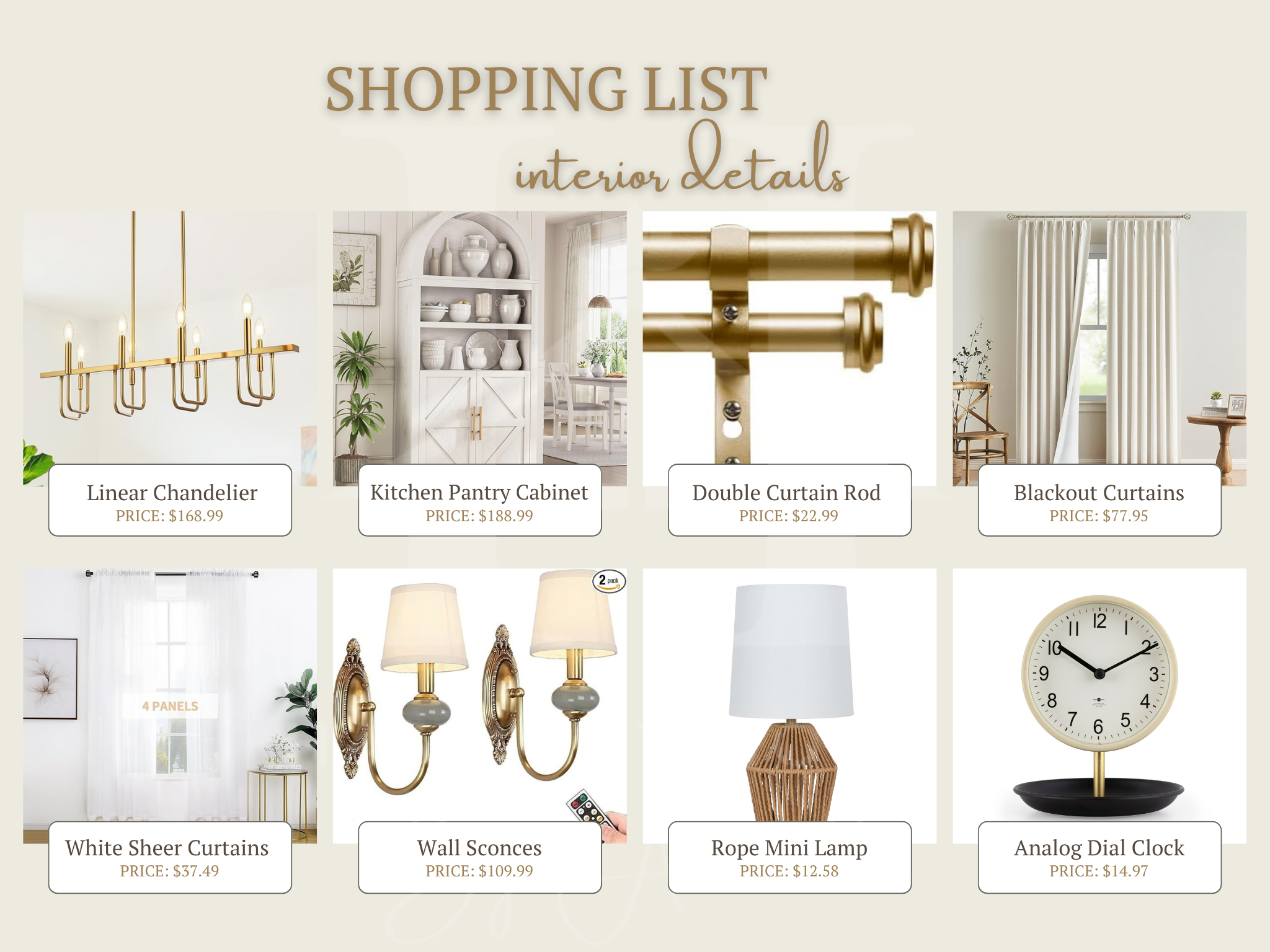 Interior decorating shopping list with images and prices of various items. Virtual home redesign by Harmony homes by Amanda