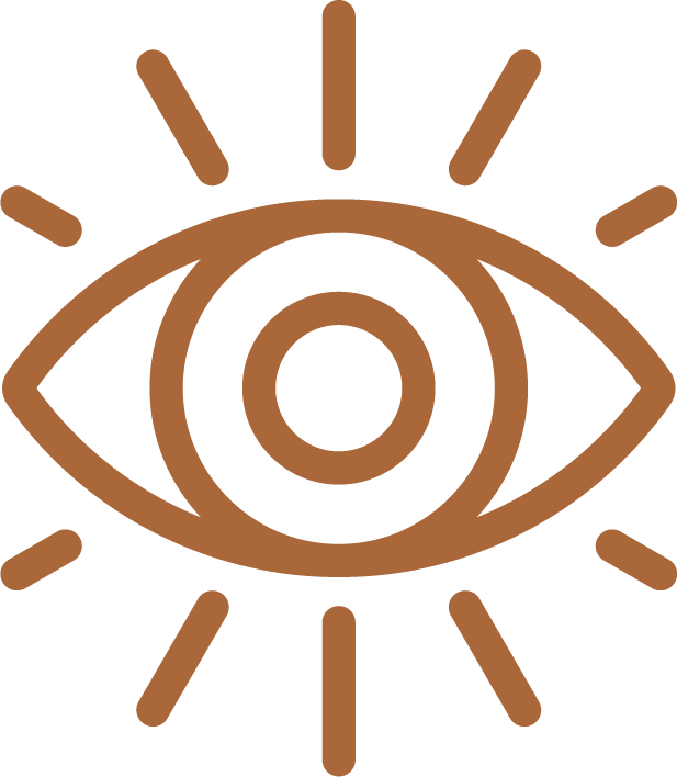 A stylized orange eye with radiating lines around it, resembling an eye with rays.