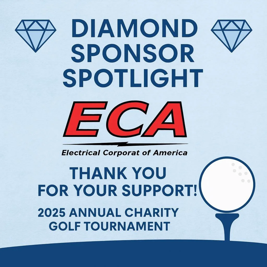 Sponsor recognition for ECA at the 2025 Annual Charity Golf Tournament, featuring a light blue background, diamond icons, and a golf ball graphic.