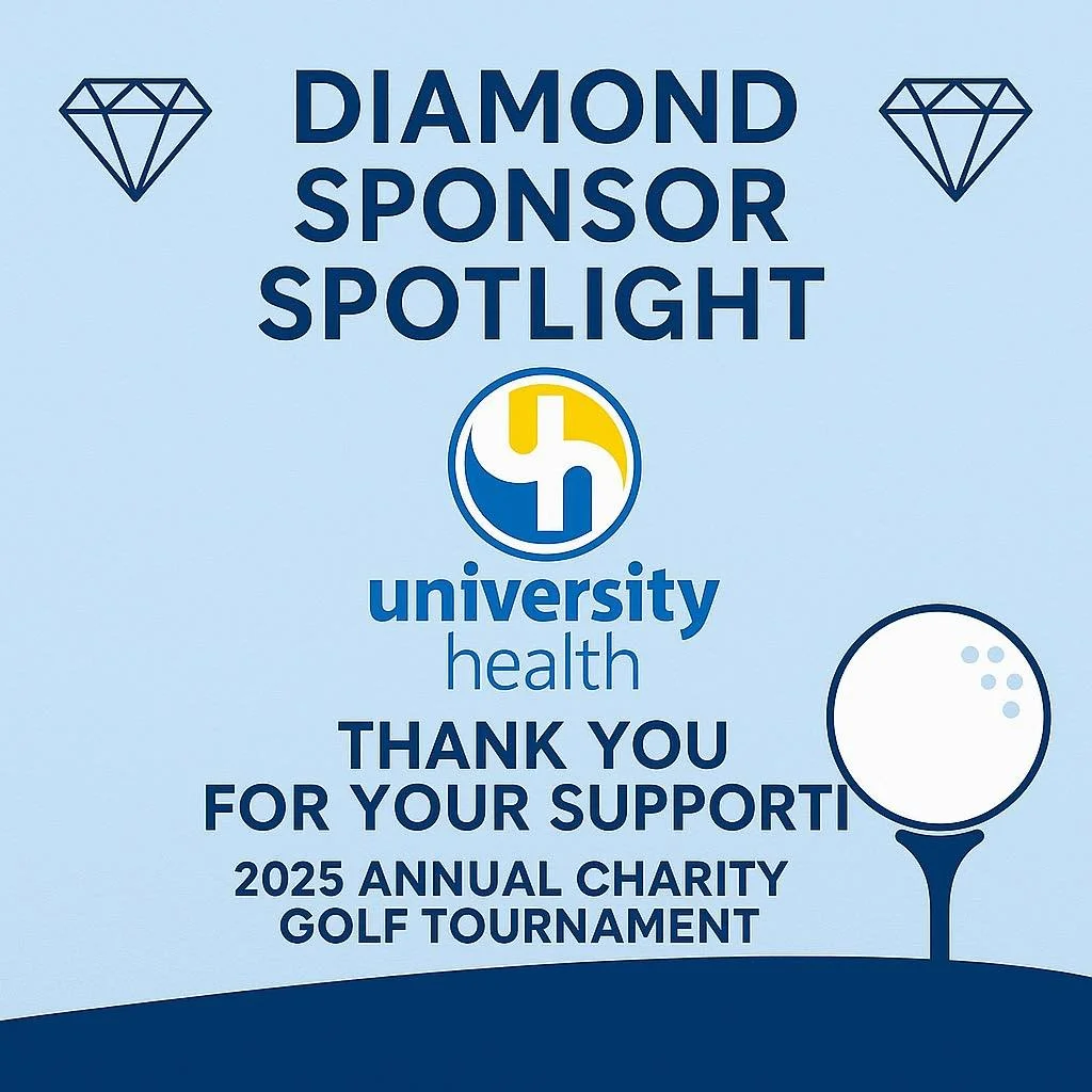Blue flyer with diamond graphics, the headline 'Diamond Sponsor Spotlight,' and a logo for University Health. It thanks supporters for the 2025 annual charity golf tournament, featuring a small golf tee illustration.
