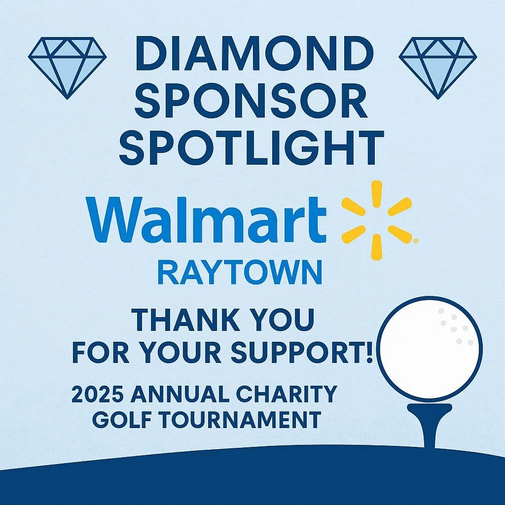 Graphic for the 2025 Annual Charity Golf Tournament, featuring a diamond icon, Walmart logo, and a golf ball on a tee, thanking supporters.