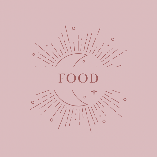 A minimalist graphic with the word 'FOOD' in the center, surrounded by lines, circles, a crescent moon, and a starburst design, all on a light pink background.