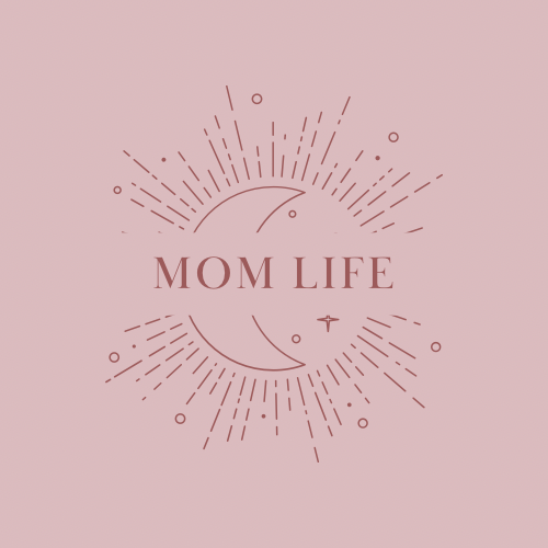 A pink background with a celestial design featuring a crescent moon, stars, and lines radiating outward, with the words "Mom Life" in the center.