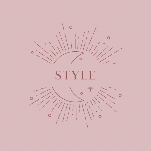 A pink graphic with the word 'STYLE' in the center, surrounded by radiating lines and small decorative elements.