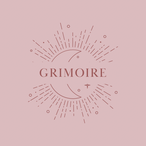 A pink graphic with the word "GRIMOIRE" in the center, surrounded by celestial and star motif lines and shapes.