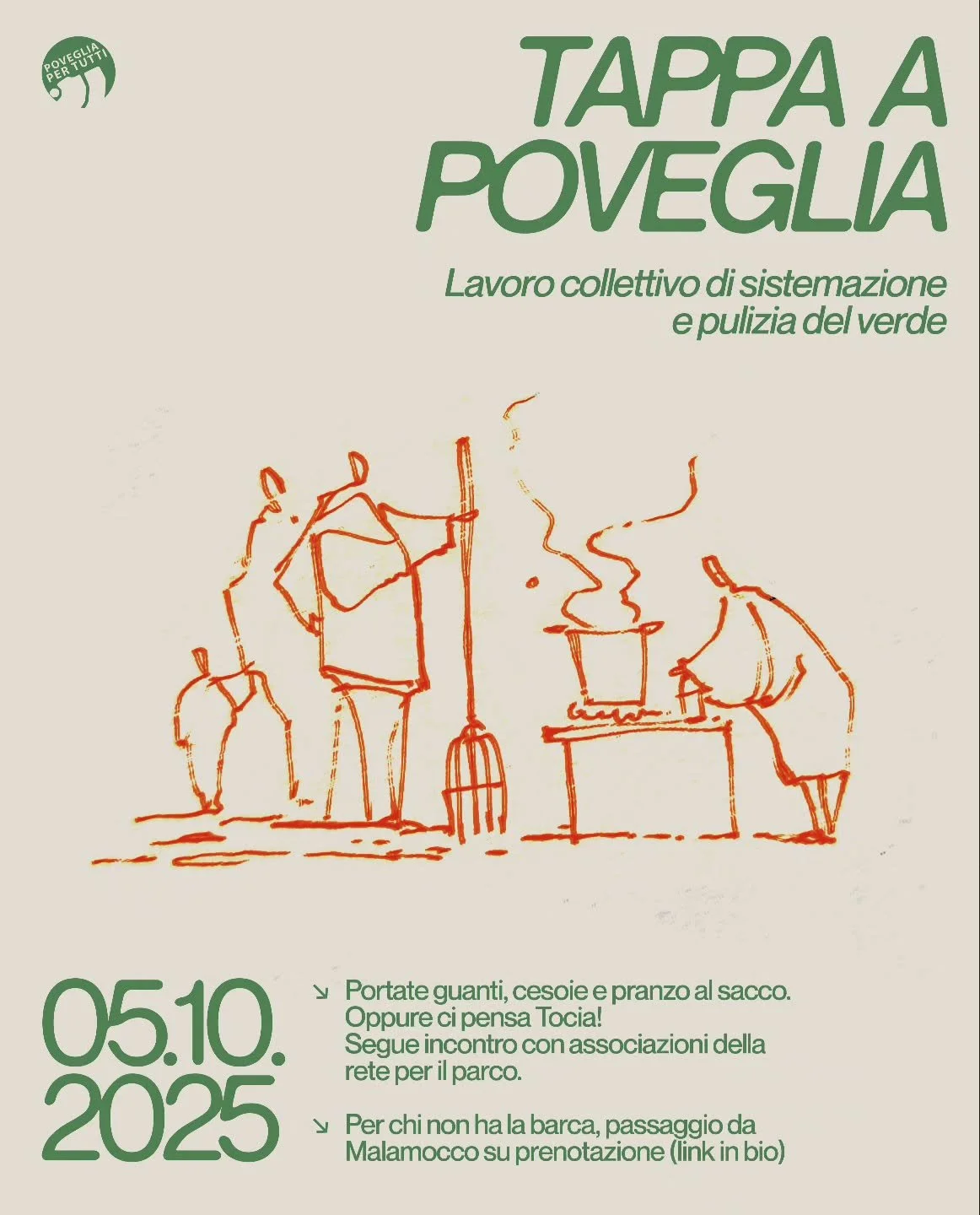 ๐ณ Domenica 5 ottobre facciamo tappa a Poveglia!
Ci andiamo armati di cesoie e rastrelli, sacchi e guanti, per un lavoro collettivo di sistemazione e pulizia del verde, che è cresciuto molto in questi due mesi ostruendo diversi passaggi.
๐ P