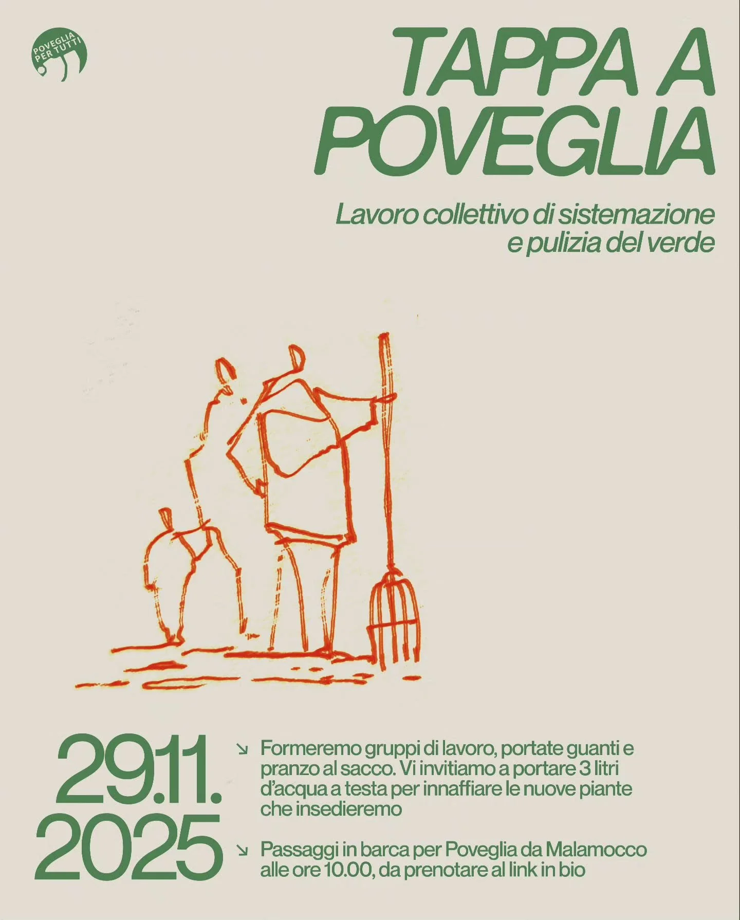 🌳Sabato 29 novembre ci ritroviamo a Poveglia!

Ci incontreremo sull'isola per un lavoro collettivo di sistemazione e pulizia del verde, che &egrave; cresciuto molto in questi mesi ostruendo diversi passaggi

Inoltre, la giornata sar&agrave; dedicata