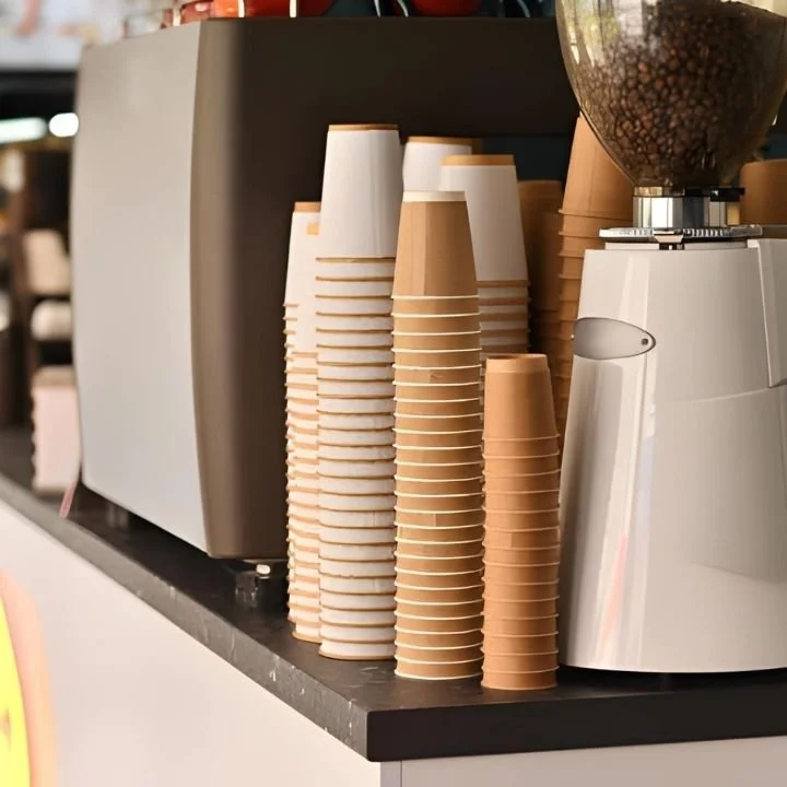 Stacked paper coffee cups and a grinder arranged on a café counter.