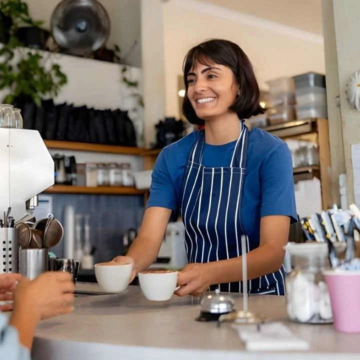 Barista serving fresh coffee drinks at indoor baby shower event.