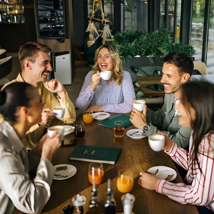 Wedding guests gathered around table enjoying coffee and conversation.