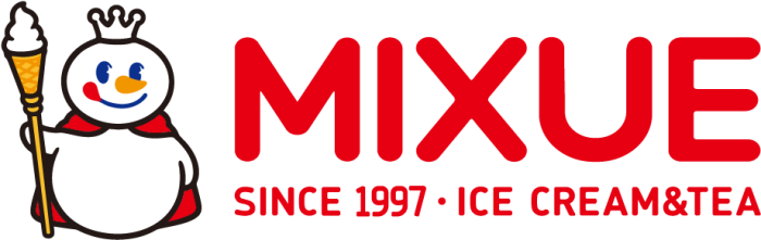 Logo of Mixue, a snowman character holding an ice cream cone, with red text 'MIXUE' and 'Since 1997 Ice Cream & Tea'.