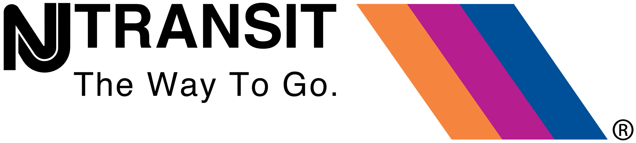 A logo with stylized black text and colorful diagonal stripes in orange, purple, and blue.