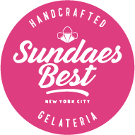Pink circular logo for Sundaes Best Gelateria in New York City with white text 'Handcrafted Sundaes Best Gelateria'