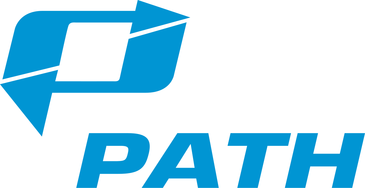 LOGO with a black square encased in a blue geometric shape, accompanied by the text  PATH" in blue capital letters.
