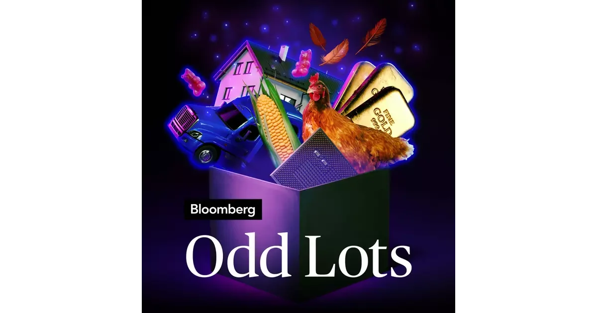 A digital illustration of a box overflowing with eclectic items including a house, chicken, truck, cheese, feathers, memories, and a device, representing a collection of odd and diverse things, with the text "Bloomberg Odd Lots".