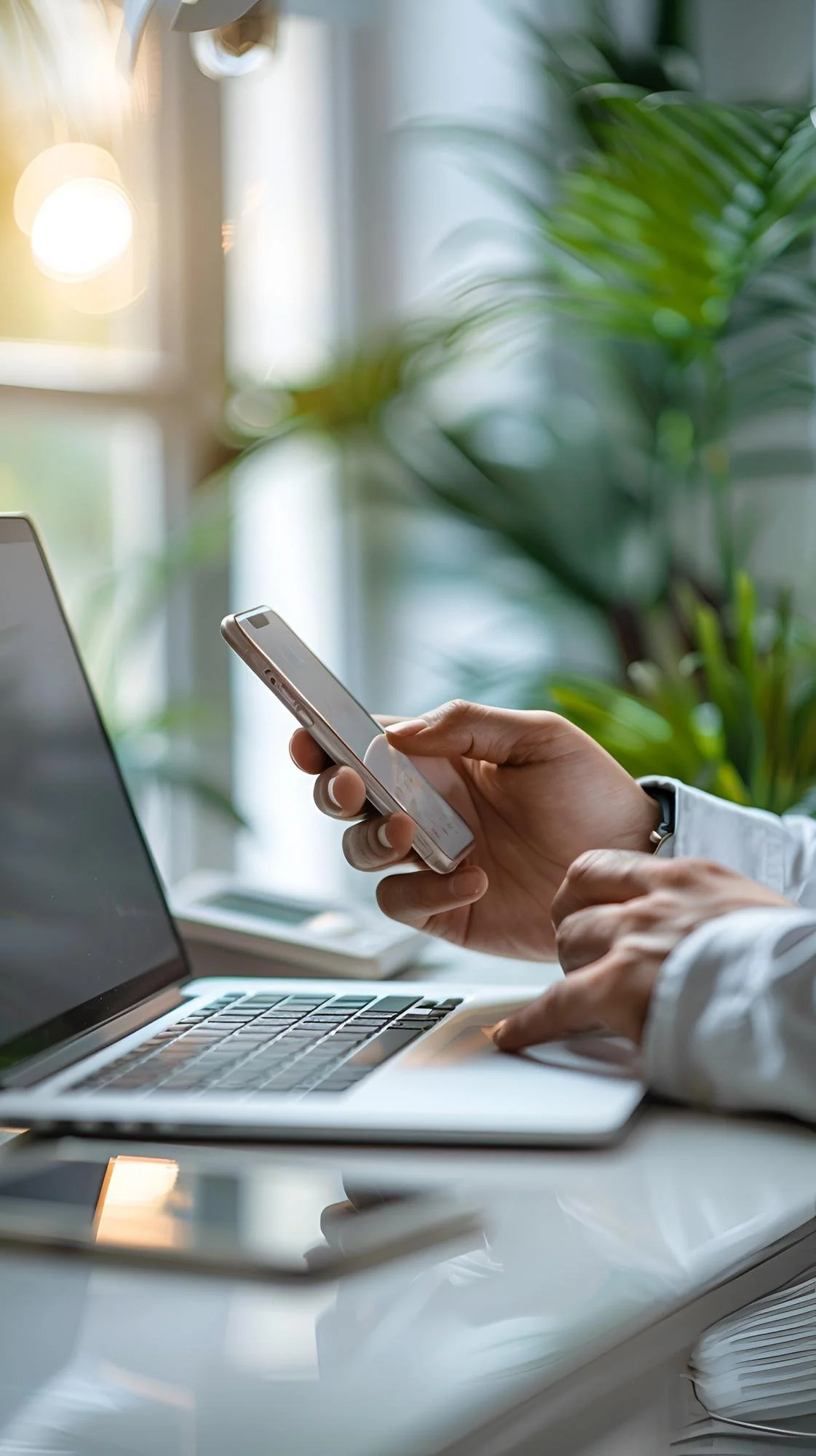 Persona usando un teléfono móvil en un escritorio con computadora portátil y luces cálidas y plantas verdes en el fondo.