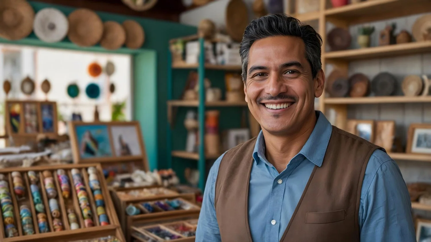 Hombre sonriendo en una tienda de artesanías con cerámicas y fotografías en el fondo.