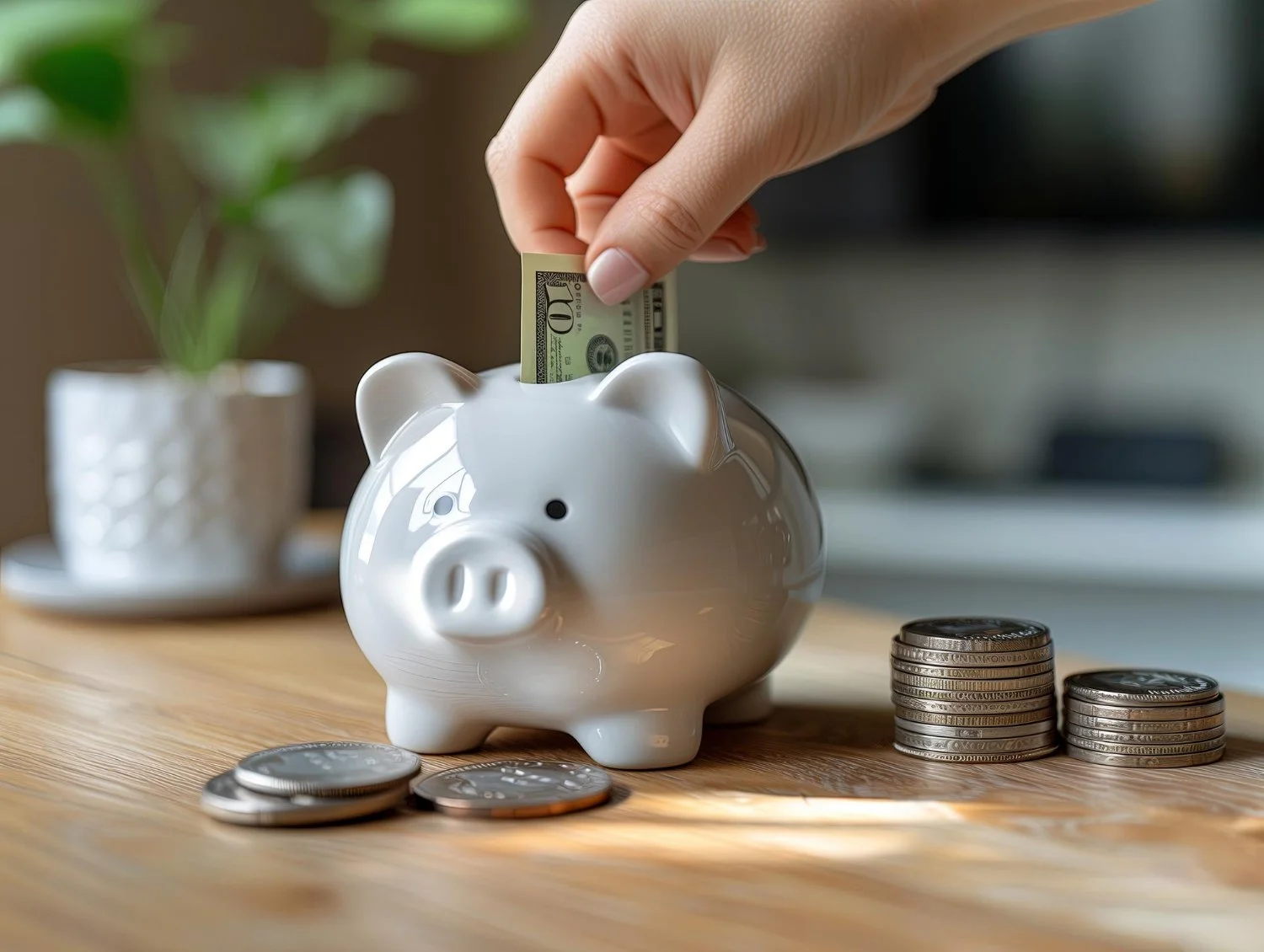 Tres personas de negocios sentados en una mesa, riendo y firmando un documento, en un ambiente de oficina con ventanas grandes.