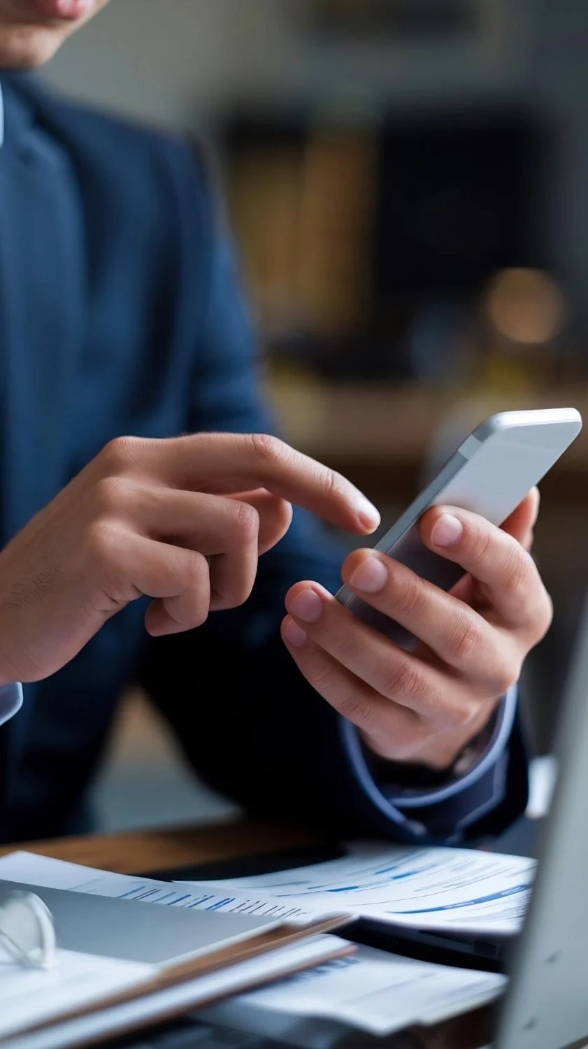 Persona usando un teléfono inteligente en un ambiente de oficina con documentos sobre la mesa.