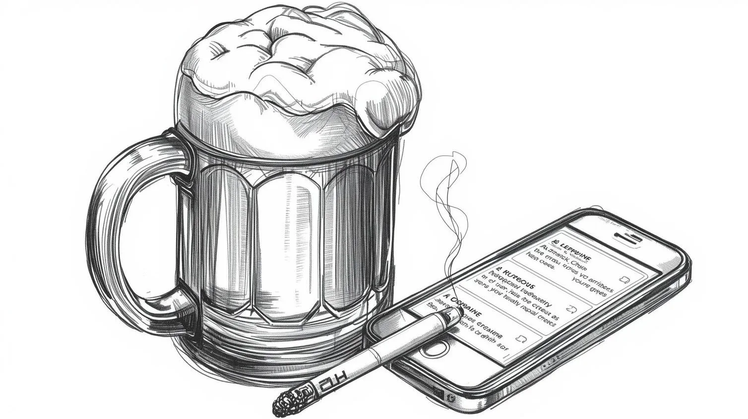Sketch of a mug of beer, a smartphone with notifications, and an HB pencil on a surface--scott-mcelroy-executive-coach-8