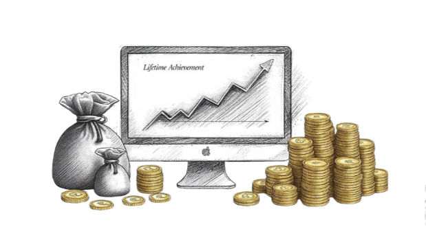 Computer monitor displaying upward trending graph, surrounded by bags and stacks of gold coins, symbolizing financial growth and achievement--scott-mcelroy-executive-coach-12