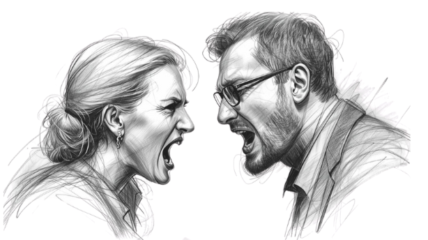 Black and white sketch of a woman and a man arguing, both showing angry expressions and shouting at each other--scott-mcelroy-executive-coach-9