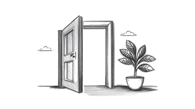 An open door leading to a room with a potted plant next to it.